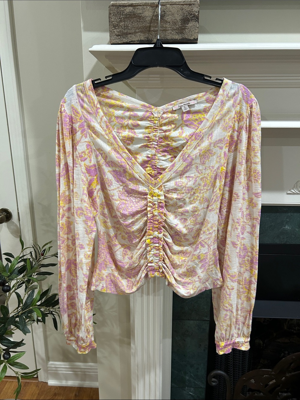 Free People Pink & Yellow Floral Ruched V-Neck Blouse